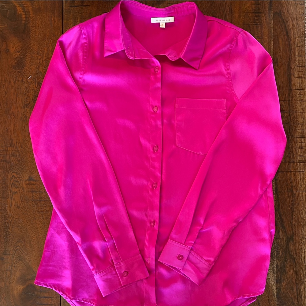 Bright Pink Silky Button-Up Blouse - Small